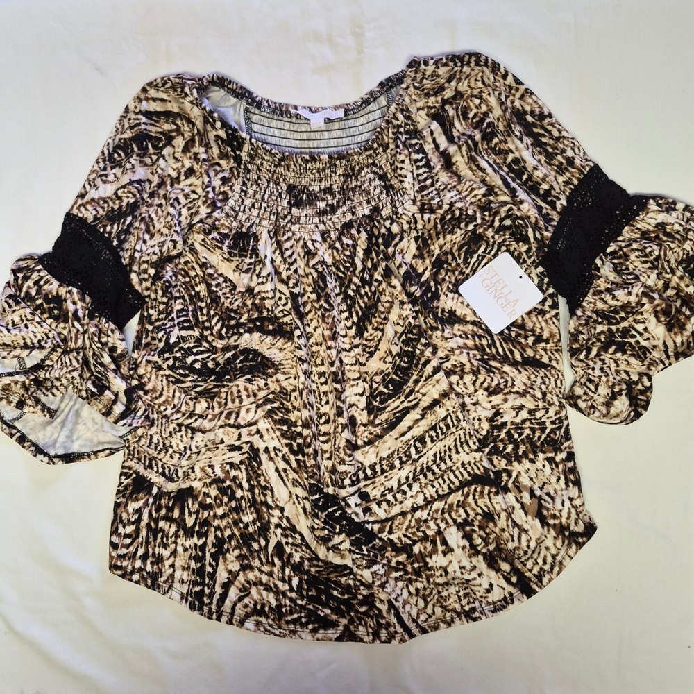 Stella + Ginger Womens Large Abstract‎ Animal Print Smocked Bell Sleeve Boho Top